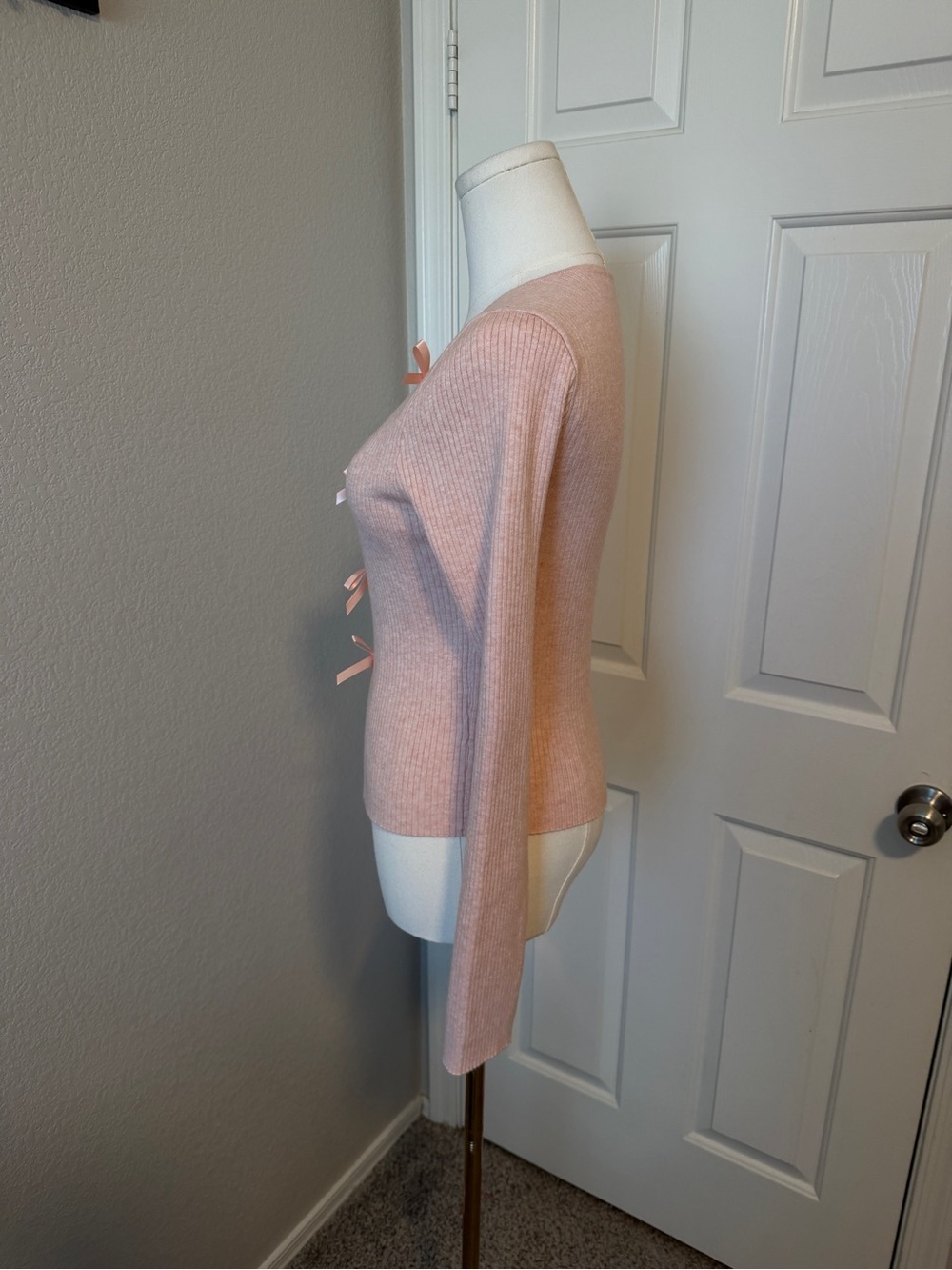 Altar'd State Blush Ribbed Crewneck Sweater with Bow Ties - Picture 4 of 5